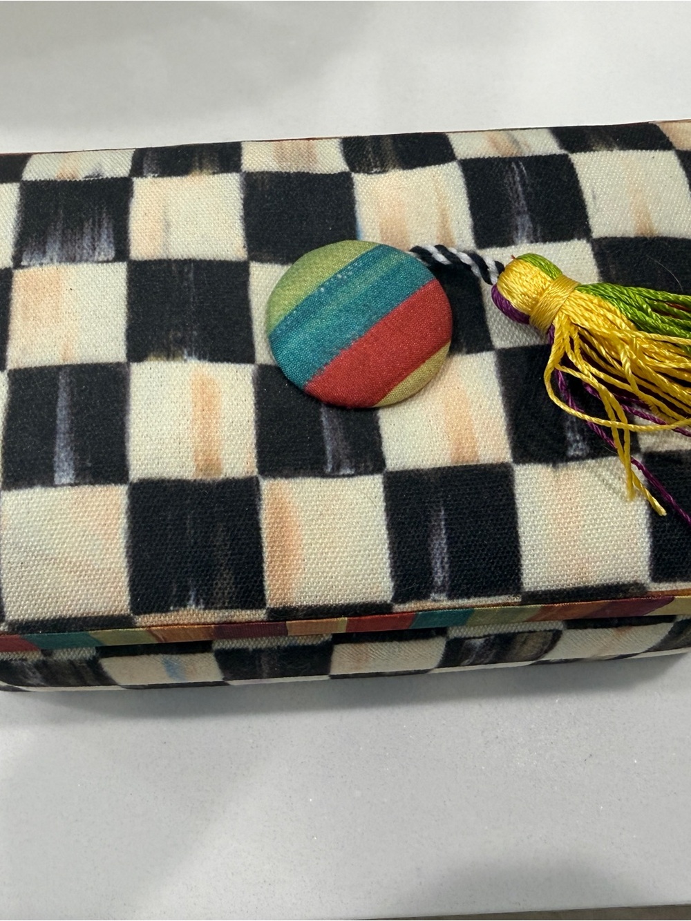 Handmade Checkered Fabric Clutch with Multicolor Tassel